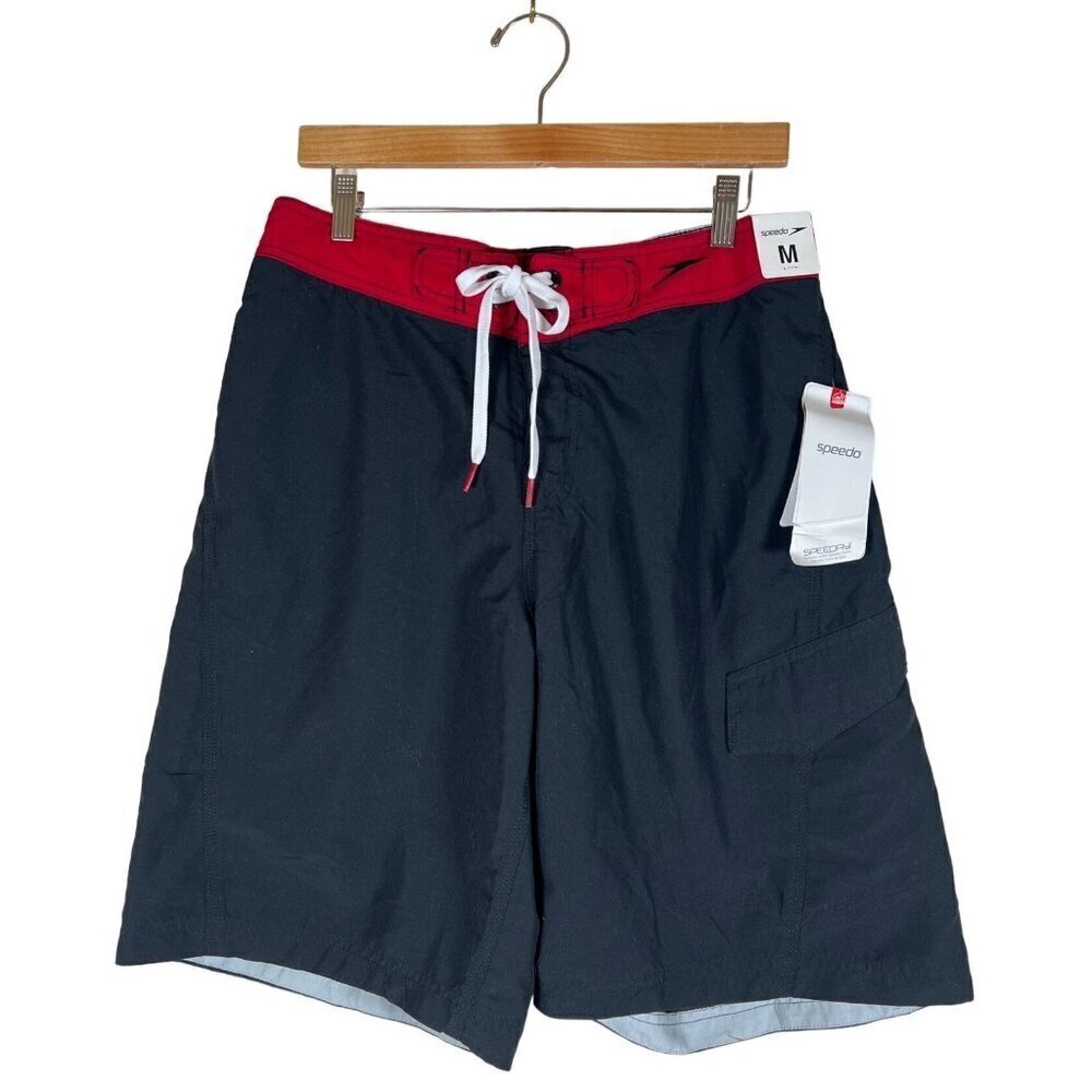 NWT Speedo Size M Black Red Black Swim Shorts / Trunks Color Blocked Speedry
